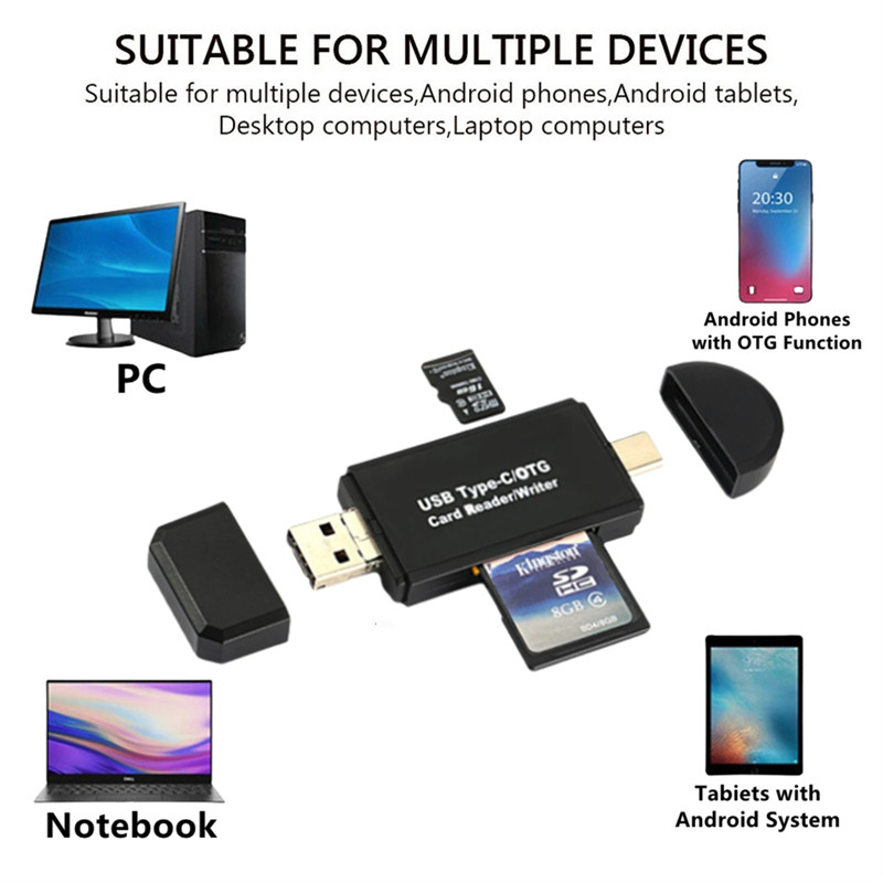 GRWIBEOU 3-u-1 USB 2.0 čitač SD kartica USB C čitač kartica TF/Mico SD čitač pametnih memorijskih kartica OTG adapter za čitač flash pogona