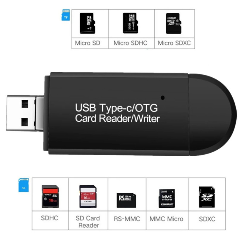 GRWIBEOU 3-u-1 USB 2.0 čitač SD kartica USB C čitač kartica TF/Mico SD čitač pametnih memorijskih kartica OTG adapter za čitač flash pogona
