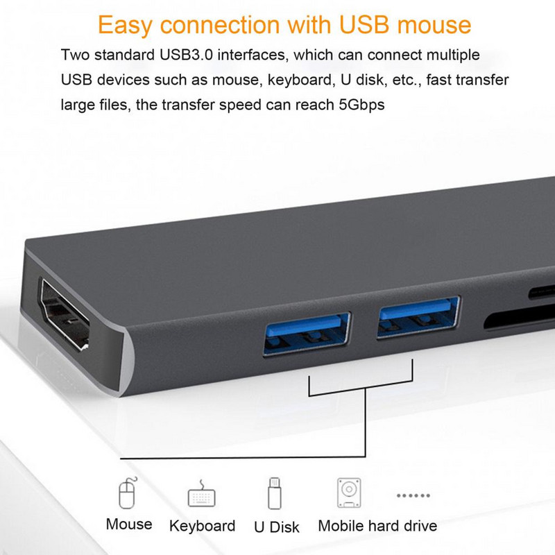 Hub multifuncțional 5 în 1 tip C la 4K USB 3.0 Adaptor pentru stație de andocare USB-C, Plug and Play Compatibilitate puternică