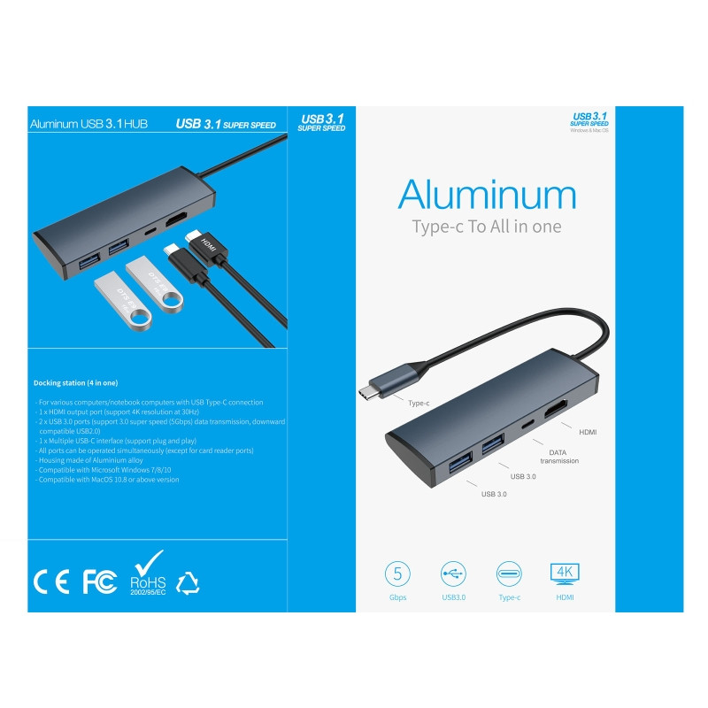 4 vienā USB-C klēpjdators C tipa USB centrmezgla vairāku portu adaptera dokstacija ar 3.0 USB HUB+TIPA C+HDMI vieglam klēpjdatoram