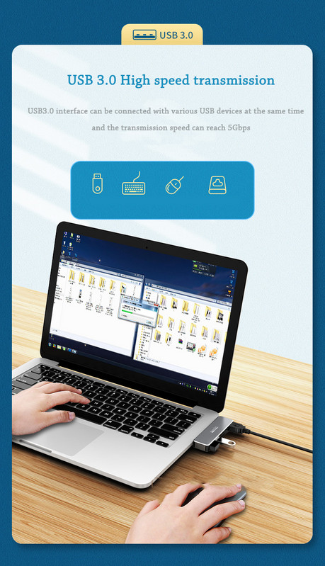 TYPE-C HUB többfunkciós dokkoló állomás számítógépes mobiltelefon-fejlesztő 5 az 1-ben USB3.0 TF/SD kártyaolvasó