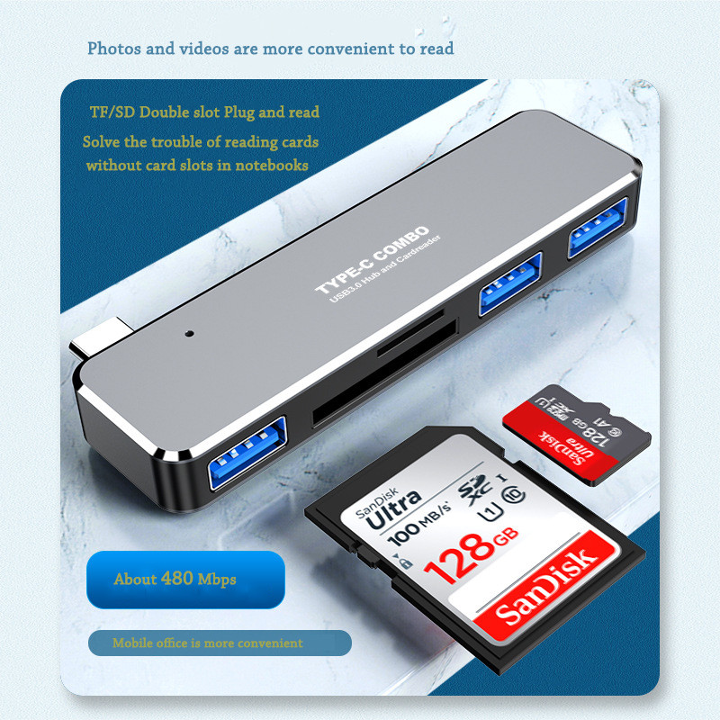 TYPE-C HUB többfunkciós dokkoló állomás számítógépes mobiltelefon-fejlesztő 5 az 1-ben USB3.0 TF/SD kártyaolvasó