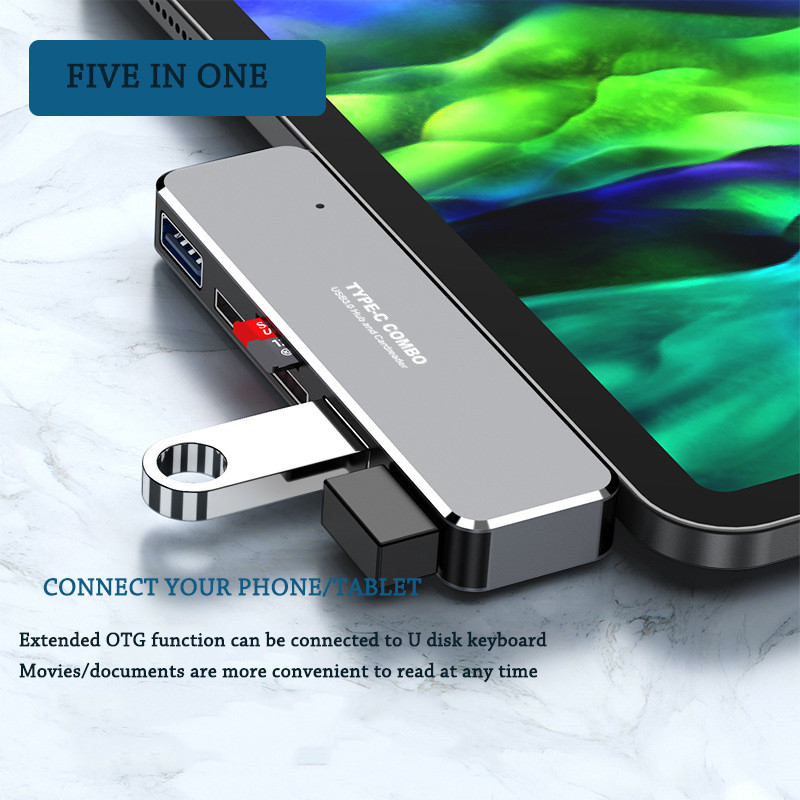 TYPE-C HUB többfunkciós dokkoló állomás számítógépes mobiltelefon-fejlesztő 5 az 1-ben USB3.0 TF/SD kártyaolvasó