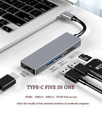 C típusú dokkolóállomás HDM kártyaolvasóhoz 5 az 1-ben HUB hub HDMI felbontás 4K ultra-tiszta vizuális effektusok konverter