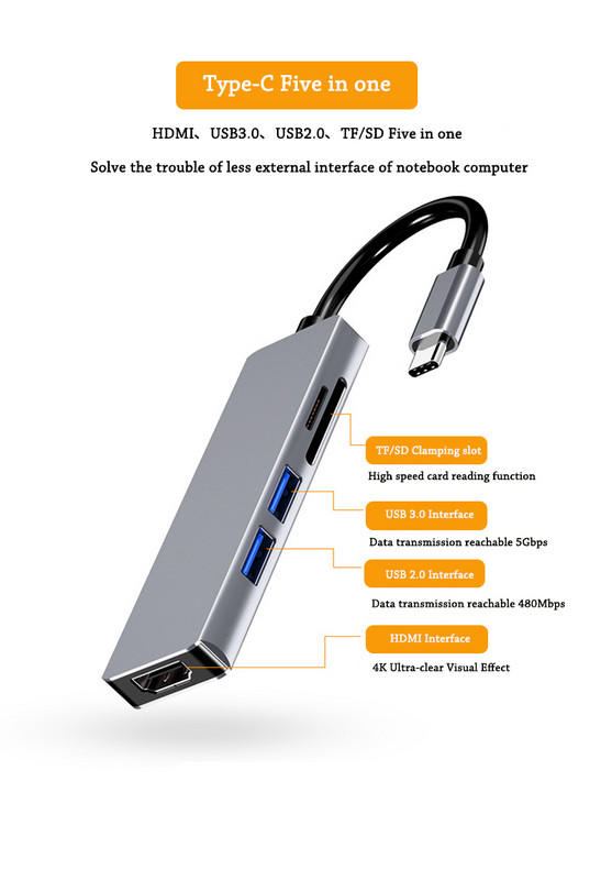 C típusú dokkolóállomás HDM kártyaolvasóhoz 5 az 1-ben HUB hub HDMI felbontás 4K ultra-tiszta vizuális effektusok konverter