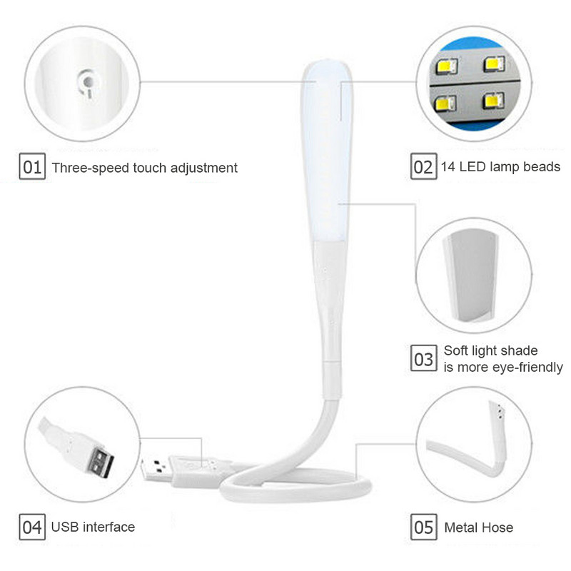 Érintőérzékelős lámpa USB LED könyv olvasólámpa hordozható asztali lámpa Ultra fényes, állítható éjszakai fények Power Bank PC laptophoz