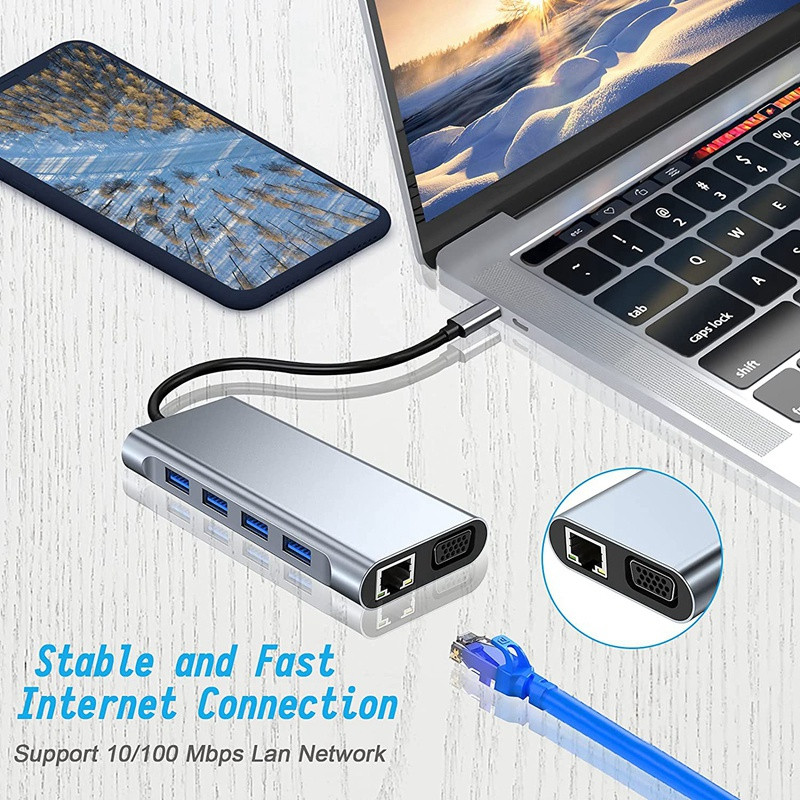 1 dalis 11 in 1 USB C HUB prijungimo stotelė su 4K HDMI suderinama, VGA, USB 3.0 prievadas, C tipo PD, RJ45 Ethernet