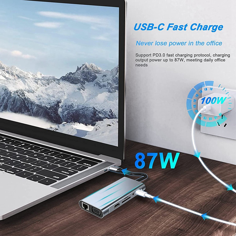 1 dalis 11 in 1 USB C HUB prijungimo stotelė su 4K HDMI suderinama, VGA, USB 3.0 prievadas, C tipo PD, RJ45 Ethernet