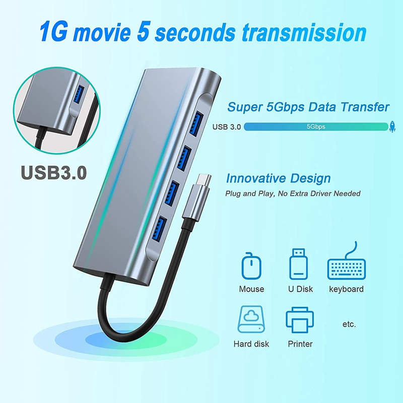 1 dalis 11 in 1 USB C HUB prijungimo stotelė su 4K HDMI suderinama, VGA, USB 3.0 prievadas, C tipo PD, RJ45 Ethernet