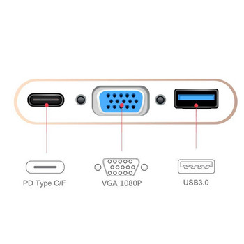 Σταθμός βάσης Προσαρμογέας USB C σε VGA Σταθμός σύνδεσης Usb C Hub με τύπο C PD 60W γρήγορη φόρτιση και USB 3.0 για Macbook Pro Ipad
