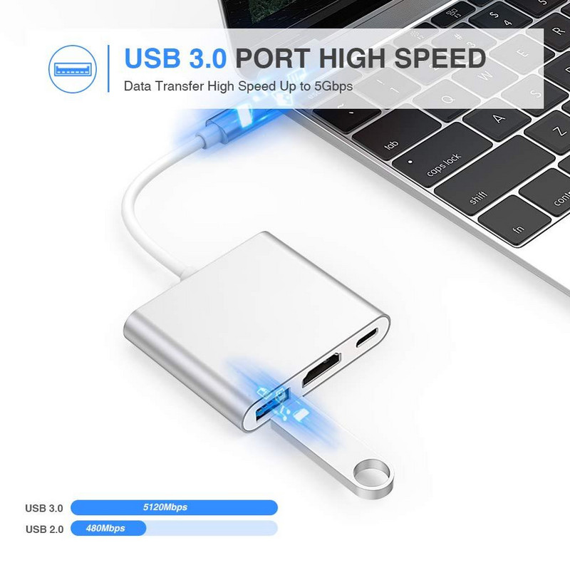 LYBALL Type C – HDMI többportos átalakító USB 3.0 porttal és USB C töltőporttal MacBook/Chromebook Pixel/Huawei/Samsung számára