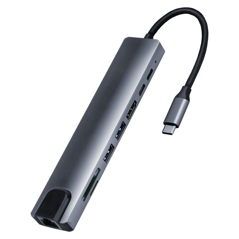 Többfunkciós 8 az 1-ben C típusú hub laptop számítógép perifériás dokkoló állomás USB adapter 65 W-os PD SD/TF kártyaolvasóval