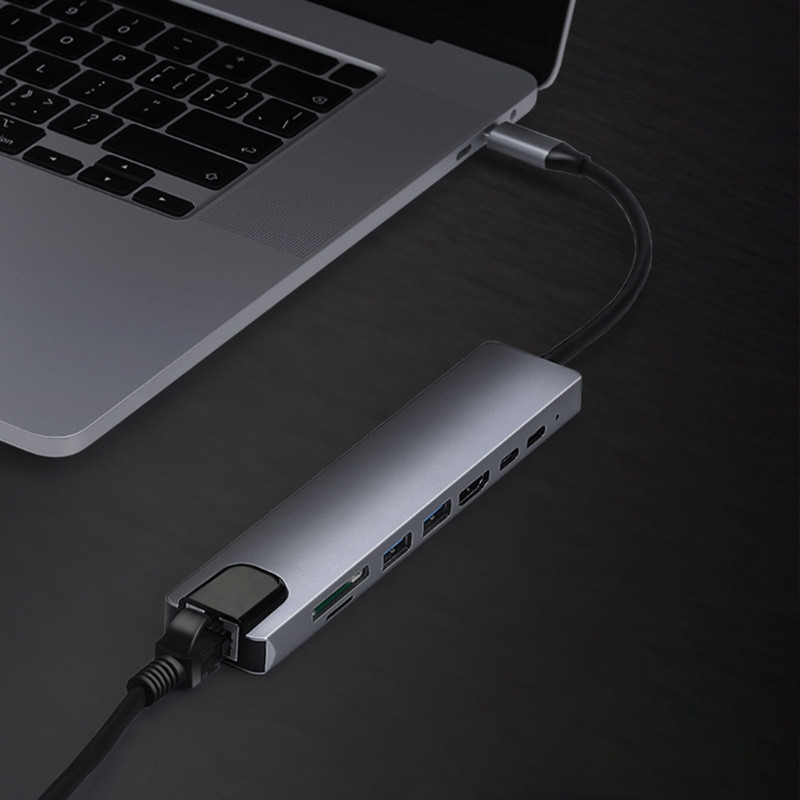 Többfunkciós 8 az 1-ben C típusú hub laptop számítógép perifériás dokkoló állomás USB adapter 65 W-os PD SD/TF kártyaolvasóval