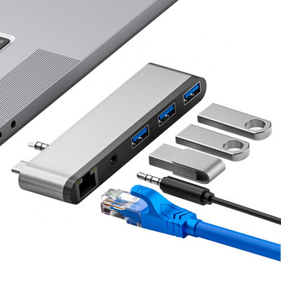 Univerzalni 5gbps USB C Hub Prijenosni adapter Rj45 Audio Jack Čitač kartica Tip C Priključna stanica za stolno računalo Dodatna oprema za telefon 5 u 1
