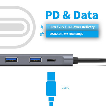 One Piece of USB Hub 5 in 1 USB-C Splitter Adapter Base Line Station Θύρα ήχου και 4K HDMI συμβατός σκληρός δίσκος 60W