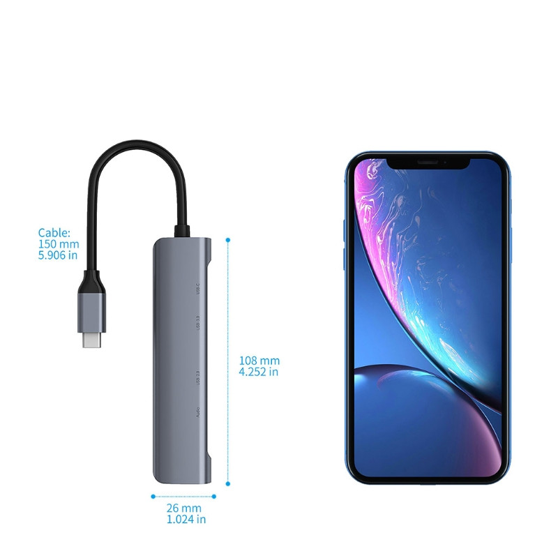 Jedan dio USB čvorišta 5 u 1 USB-C tip C razdjelnik adapter osnovne linije audio priključak i 4K HDMI kompatibilan HDD 60 W