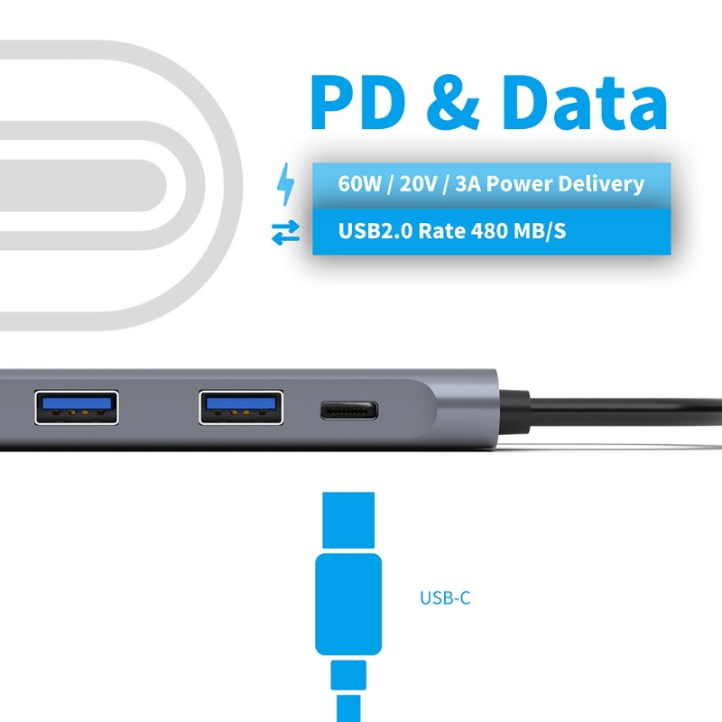 Jedan dio USB čvorišta 5 u 1 USB-C tip C razdjelnik adapter osnovne linije audio priključak i 4K HDMI kompatibilan HDD 60 W