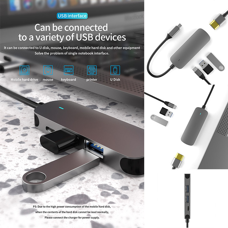 4 σε 1 Docking Station Hub με USB Type C Μετατροπέας USB Hub Hub πολλαπλών λειτουργιών σε προσαρμογέα 4K συμβατό με HDMI για φορητό υπολογιστή
