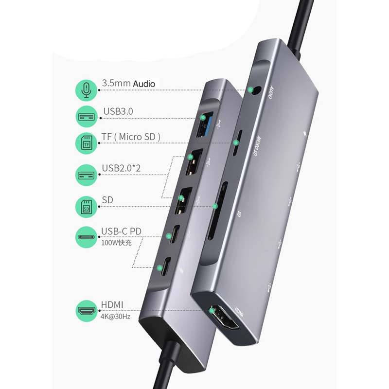9 viename USB C stebulė, skirta Ipad Pro Type C adapteriui su 4K HDMI suderinamu PD, SD/TF kortelių skaitytuvu, 3,5 mm ausinių lizdu