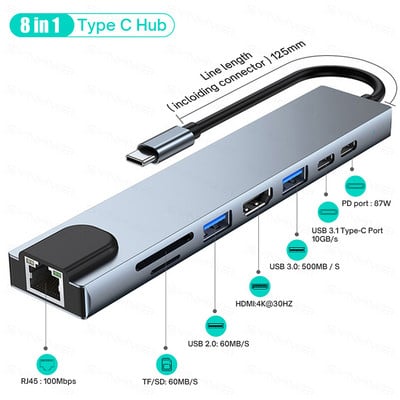 USB C HUB 3.0 Type-C 3.0 8 Port Multi Splitter Adapter OTG za Xiaomi Lenovo Macbook Pro 13 Air Pro PC Računalna oprema