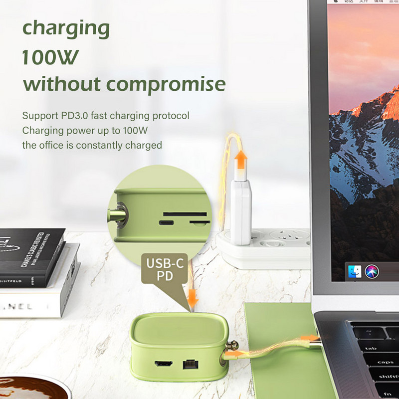 USB3.0/2.0 vairāku sadalītāju ports Type-C uz PD+USB3.0+USB2.0 x3+HDMI saderīgs+SD+TF+RJ45+USB-C2.0 10-in-1 PD3.0 4K*2K @ 30 Hz centrmezgls