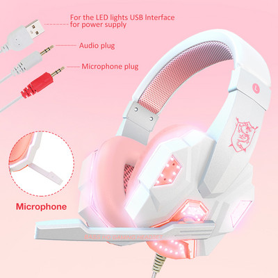 Нови розови слушалки QearFun за компютърни момичета Слушалки за игри с микрофон Геймър за PS4 Windows XP/7/8/10 Лаптоп Телефон