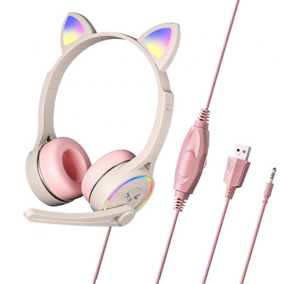 Pink Cat Ear Slušalice za djevojčice Slušalice za smanjenje buke Žičane stereo slušalice za igrice s mikrofonom i LED svjetlom za prijenosno računalo PS4 X-box One