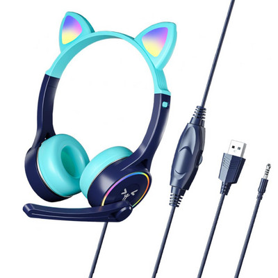 Pink Cat Ear Slušalice za djevojčice Slušalice za smanjenje buke Žičane stereo slušalice za igrice s mikrofonom i LED svjetlom za prijenosno računalo PS4 X-box One