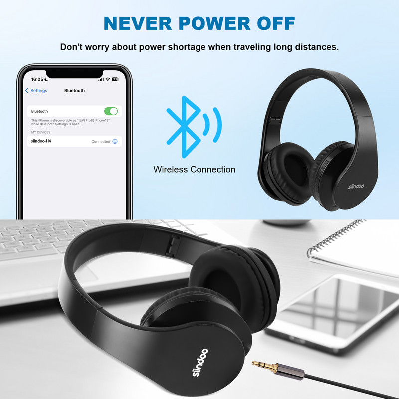 Căști fără fir negre Siindoo JH-812 suport card SD FM Bluetooth căști pliabile stereo HIFI cu microfon pentru laptop PC TV