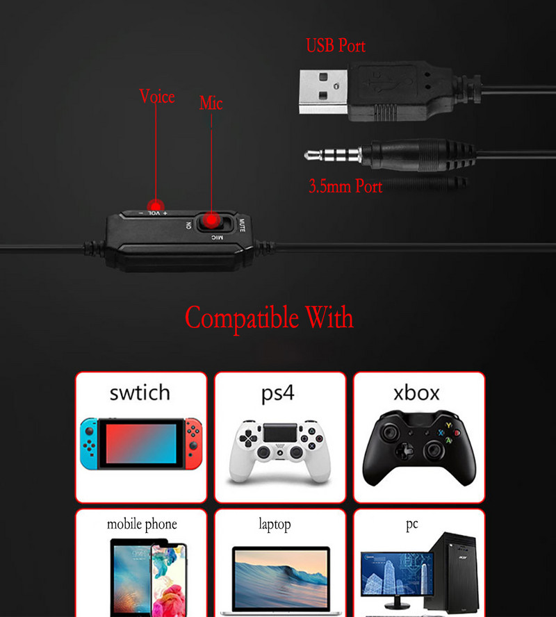 Căști pentru gaming Căști pentru computer Căști cu fir de 3,5 mm pe ureche cu microfon Lumină LED pentru gamer PC laptop PS4 X-box One