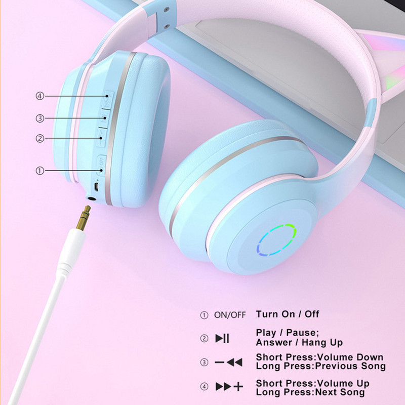 Sklopive bežične Bluetooth slušalice Hifi Stereo Glazba Mačje uho Velike slušalice Sportske igre Slušalice Kaciga Za telefon PC Prijenosno računalo