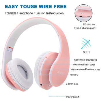 Siindoo JH-812 Pink Wireless Headphones Support Card SD FM Bluetooth Αναδιπλούμενο ακουστικό HIFI Stereo με μικρόφωνο για φορητό υπολογιστή Τηλεόραση