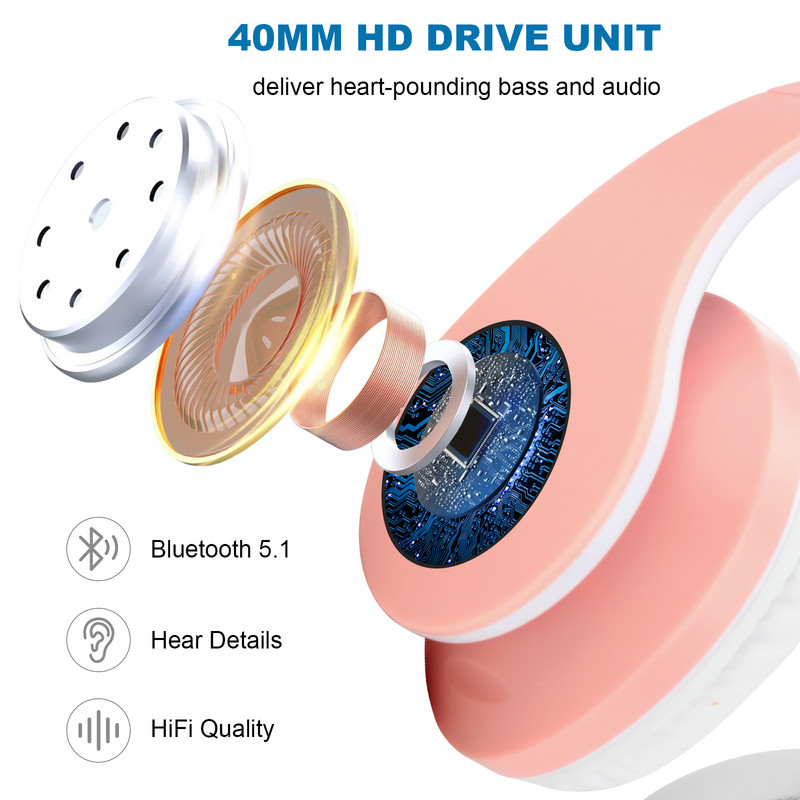 Căști wireless Siindoo JH-812 roz suport card SD FM Bluetooth căști pliabile stereo HIFI cu microfon pentru laptop PC TV