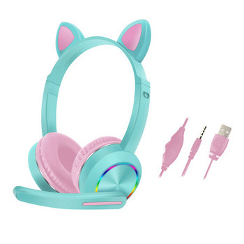 Ενσύρματα ακουστικά για παιδιά υπολογιστής 3,5 mm Jack Long Cord με μικρόφωνο Cat Ear Fashion Gifts Stereo Laptop Cute LED Lighting