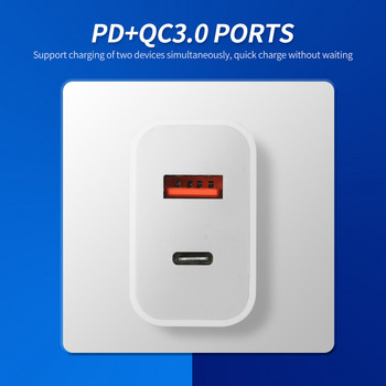 18W бързо зарядно преносимо тип-C+USB глава за зареждане с PD+QC3.0 портове Мултизащита Широка съвместимост