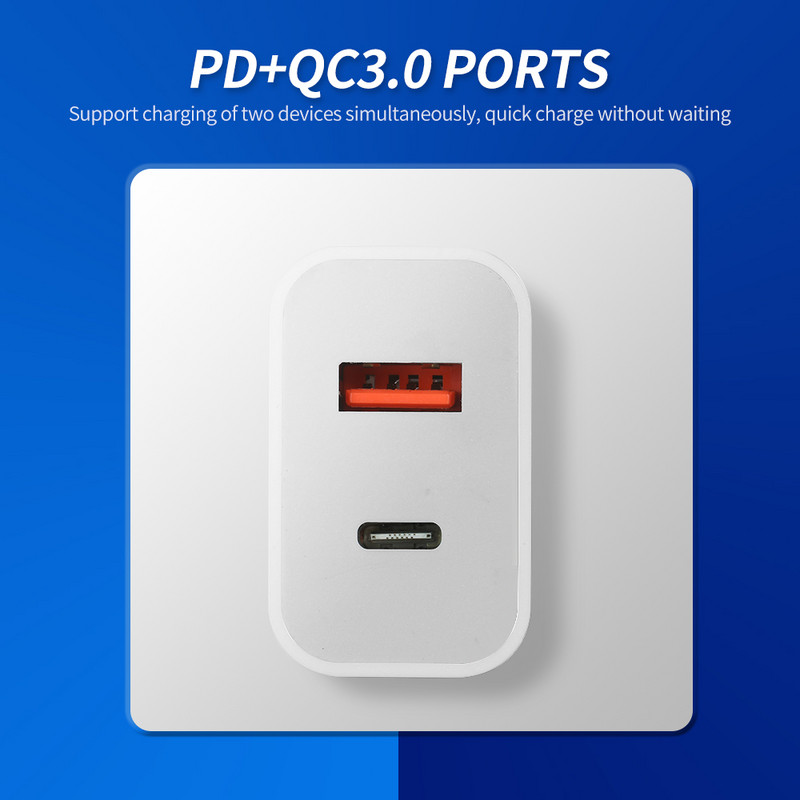 18 W kiirlaadija, kaasaskantav C-tüüpi + USB-laadimispea koos PD+QC3.0 pordiga Mitme kaitsega lai ühilduvus