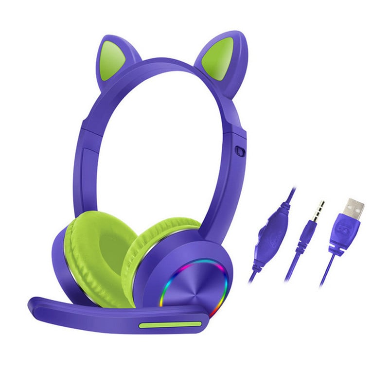 Prijenosno računalo za prijenos uživo s mikrofonom Žičane slušalice Slatki modni računalni stereo za djecu LED rasvjeta Mačje uho 3,5 mm utičnica