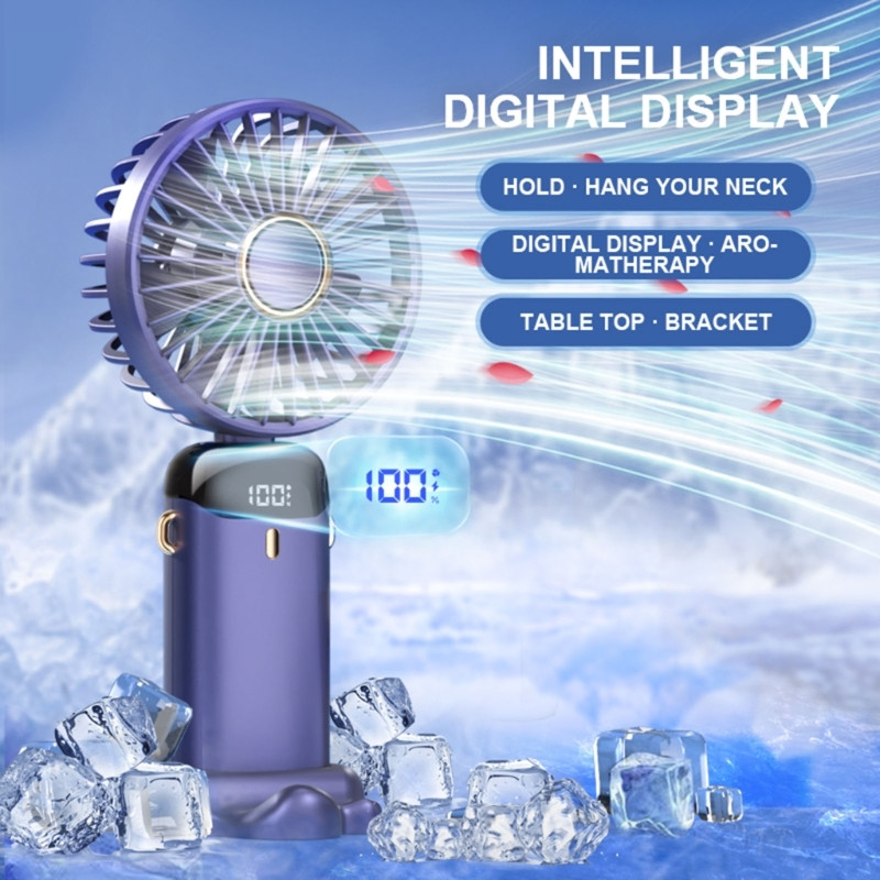 Y9RF Mini kézi ventilátor, digitális kijelzős asztali léghűtő erős szélű USB-töltéssel