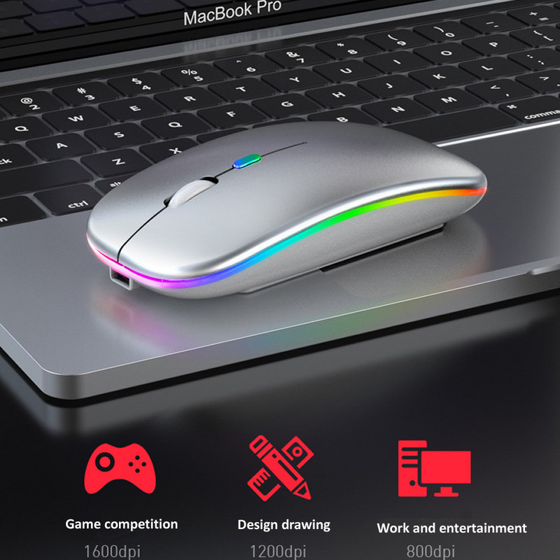 Vezeték nélküli egér LED-es háttérvilágítású USB-vel újratölthető Bluetooth-kompatibilis RGB csendes játékegér Ipad laptophoz, PC Mause Gamerhez
