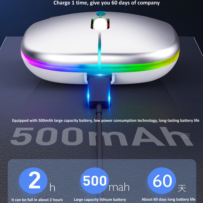 Vezeték nélküli egér LED-es háttérvilágítású USB-vel újratölthető Bluetooth-kompatibilis RGB csendes játékegér Ipad laptophoz, PC Mause Gamerhez