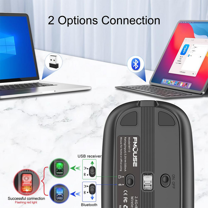 M113 Bežični miš kompatibilan s Bluetoothom USB 2.4G Dual Mode 2400DPI Bešumni miš tipa C Punjenje za miševe za prijenosna računala