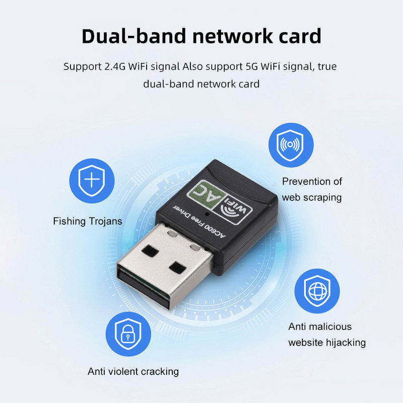 600M WiFi mrežna kartica, besplatni upravljački program, bežični prijemnik, odašiljač, 2.4G/5.8G dvofrekventni USB adapter velike brzine za prijenosno računalo