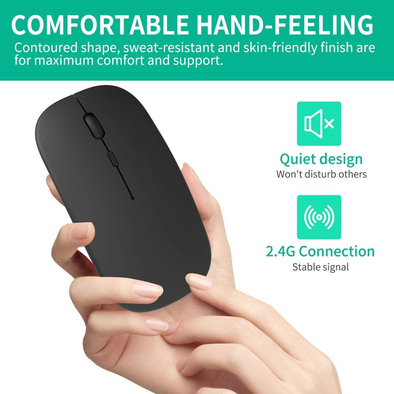 Bluetooth 4.0 + 2,4G juhtmevaba kaherežiimiline 2-ühes laetav hiir 1600 DPI ergonoomilised kaasaskantavad optilised hiired sülearvuti tahvelarvutile