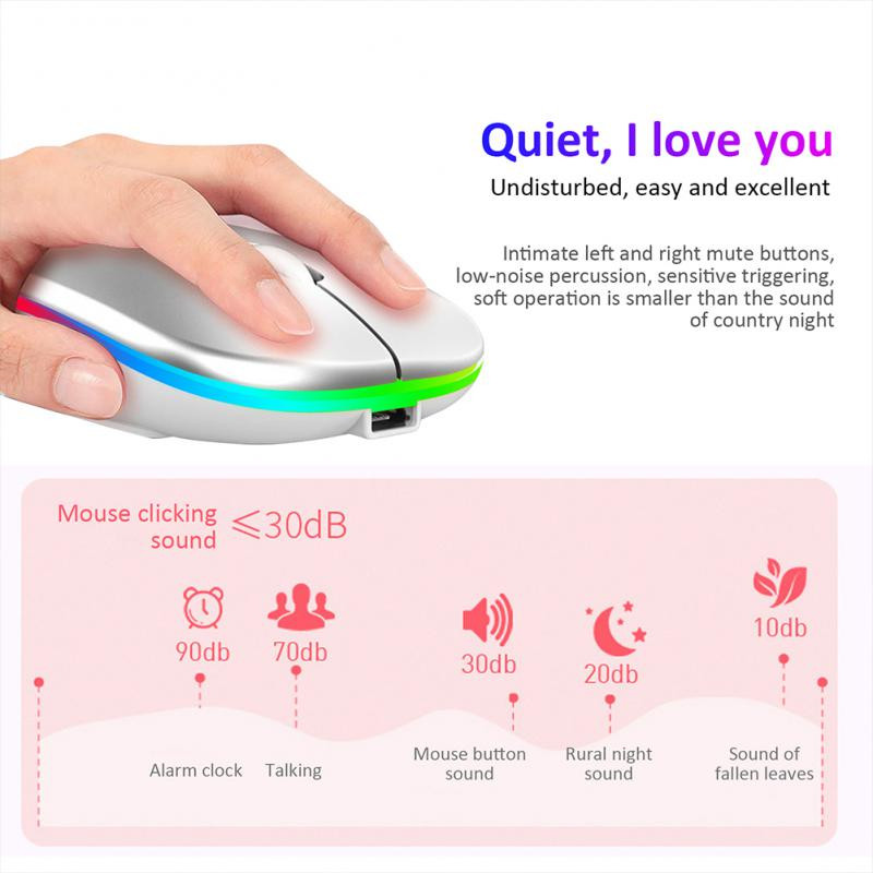 RYRA taaslaetav Bluetoothi juhtmeta hiir RGB vaikne kaasaskantav õhuke 2,4G USB-hiired arvutile sülearvutile, tahvelarvutile