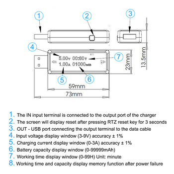 Δοκιμαστής USB Τάση ρεύματος φορτιστής Χωρητικότητα ελεγκτής Volt ρεύματος Μετρητής τάσης Ώρα Εμφάνιση φορητού ανιχνευτή ισχύος Δοκιμή μπαταρίας