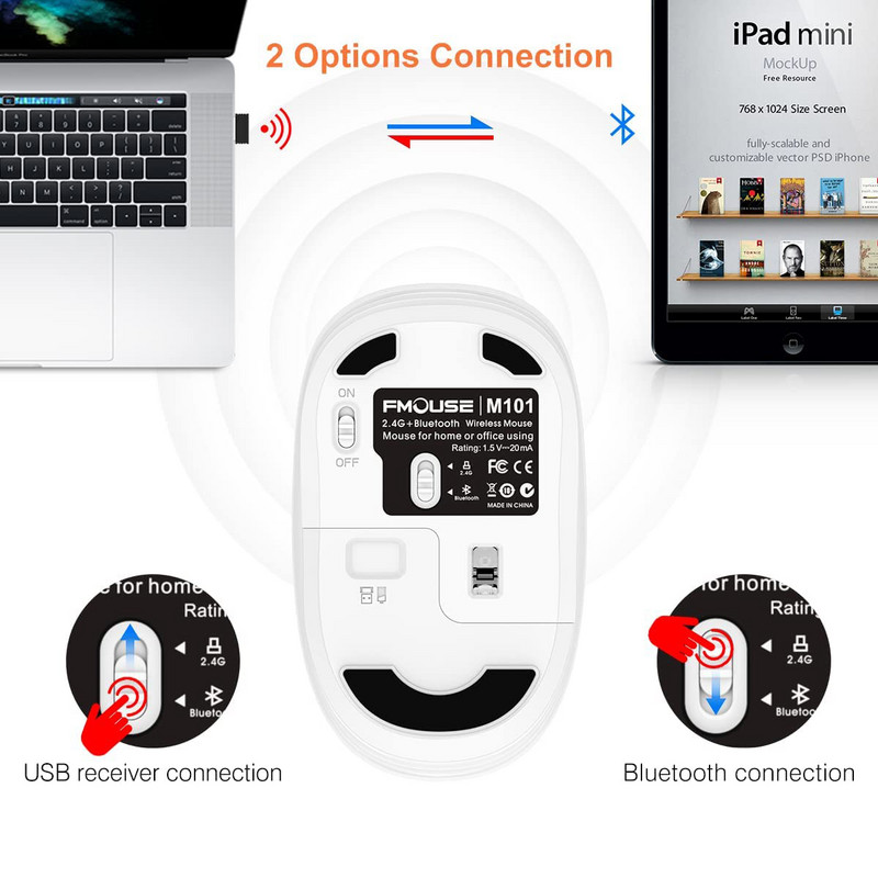 M101 crtani optički Bluetooth miš Slatki tihi miševi Dual Mode Bluetooth 5.0 & 2.4G bežični 1600 DPI za prijenosno računalo