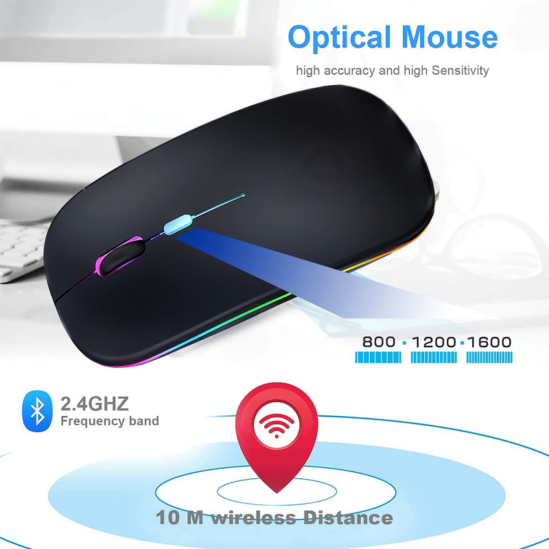 Računalni igrač Bežični Bluetooth RGB LED pozadinsko osvjetljenje Tihi miš Za MacBook Tablet Računalo Laptop PC Miševi Slim Quiet 2.4G