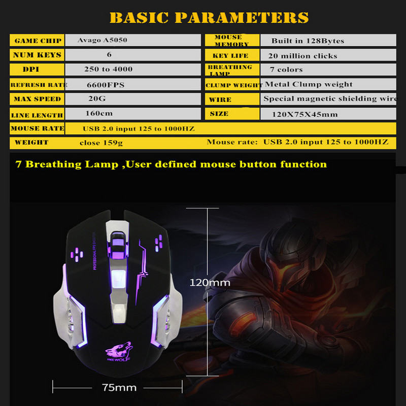 Számítógépes játék egér GUIGSI LED világítással állítható DPI 2,4 GHz 6 gombos PC laptop játék vezeték nélküli egér