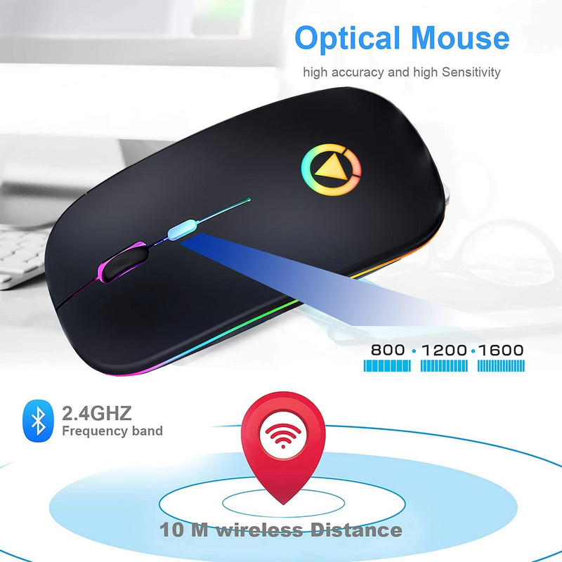 Mouse fără fir pentru Laptop Reîncărcat pentru Macbook Pro Air Mac iPad Gamer Computer RGB LED Dual Mode USB 2.4Ghz + Bluetooth 5.1