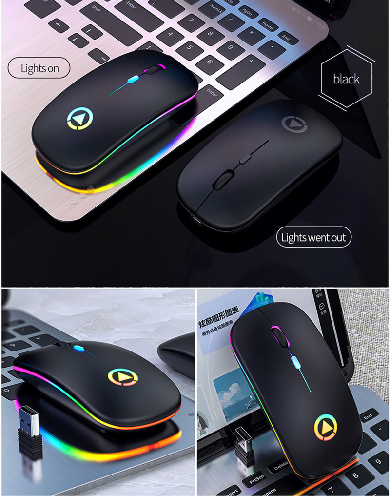 Mouse fără fir Bluetooth 5.0 cu lumină RGB reîncărcabilă prin USB pentru computer, laptop, computer, Macbook, gamer, 2,4 GHz, LED portabil